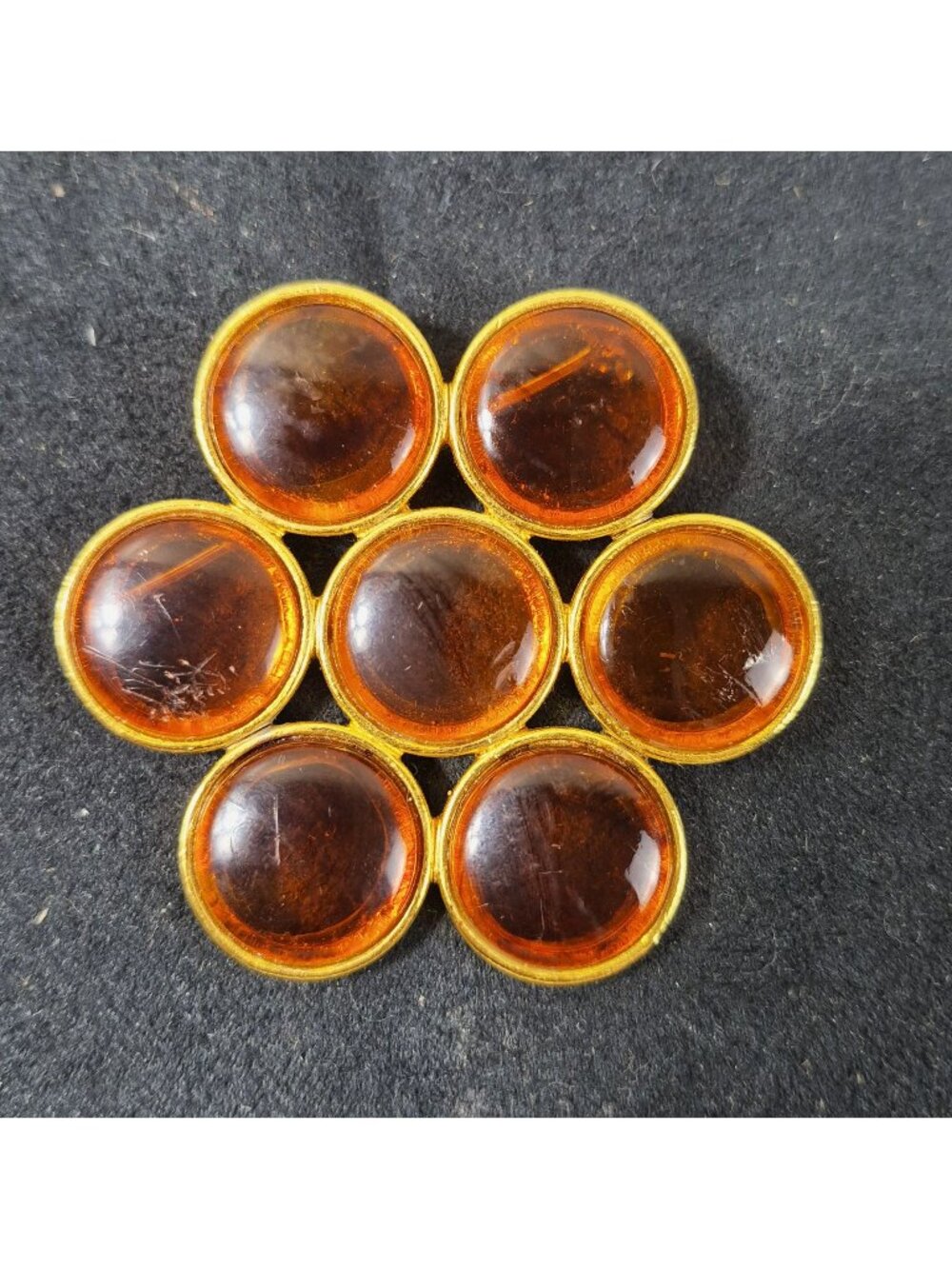 Vintage Amber Color Cabochon Brooch Gold Tone 7 Stone Statement Pin 2.5"